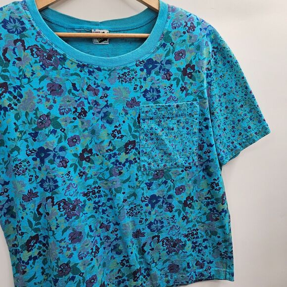 Vintage 80s/90s Blue Floral Print Pocket T-Shirt Size Large Made in USA - Picture 3 of 7
